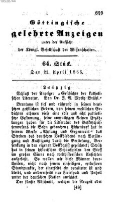 Göttingische gelehrte Anzeigen (Göttingische Zeitungen von gelehrten Sachen) Samstag 21. April 1855