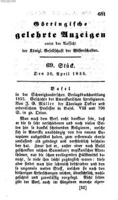 Göttingische gelehrte Anzeigen (Göttingische Zeitungen von gelehrten Sachen) Montag 30. April 1855