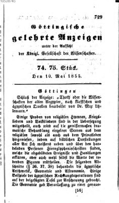 Göttingische gelehrte Anzeigen (Göttingische Zeitungen von gelehrten Sachen) Donnerstag 10. Mai 1855