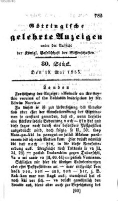 Göttingische gelehrte Anzeigen (Göttingische Zeitungen von gelehrten Sachen) Samstag 19. Mai 1855