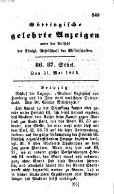 Göttingische gelehrte Anzeigen (Göttingische Zeitungen von gelehrten Sachen) Donnerstag 31. Mai 1855