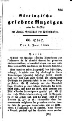 Göttingische gelehrte Anzeigen (Göttingische Zeitungen von gelehrten Sachen) Samstag 2. Juni 1855