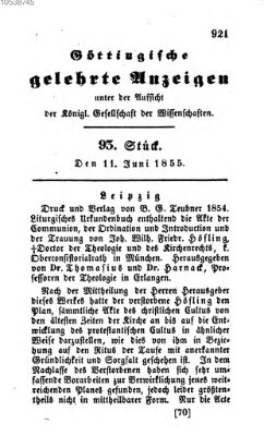 Göttingische gelehrte Anzeigen (Göttingische Zeitungen von gelehrten Sachen) Montag 11. Juni 1855