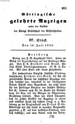 Göttingische gelehrte Anzeigen (Göttingische Zeitungen von gelehrten Sachen) Montag 18. Juni 1855