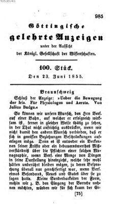 Göttingische gelehrte Anzeigen (Göttingische Zeitungen von gelehrten Sachen) Samstag 23. Juni 1855
