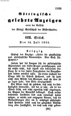 Göttingische gelehrte Anzeigen (Göttingische Zeitungen von gelehrten Sachen) Samstag 14. Juli 1855