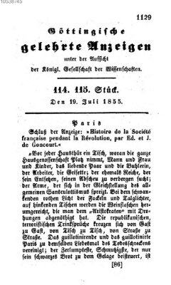 Göttingische gelehrte Anzeigen (Göttingische Zeitungen von gelehrten Sachen) Donnerstag 19. Juli 1855