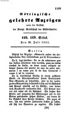 Göttingische gelehrte Anzeigen (Göttingische Zeitungen von gelehrten Sachen) Thursday 26. July 1855