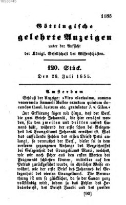 Göttingische gelehrte Anzeigen (Göttingische Zeitungen von gelehrten Sachen) Samstag 28. Juli 1855