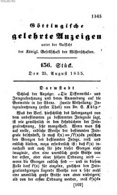 Göttingische gelehrte Anzeigen (Göttingische Zeitungen von gelehrten Sachen) Samstag 25. August 1855