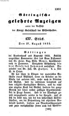 Göttingische gelehrte Anzeigen (Göttingische Zeitungen von gelehrten Sachen) Montag 27. August 1855