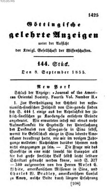 Göttingische gelehrte Anzeigen (Göttingische Zeitungen von gelehrten Sachen) Samstag 8. September 1855