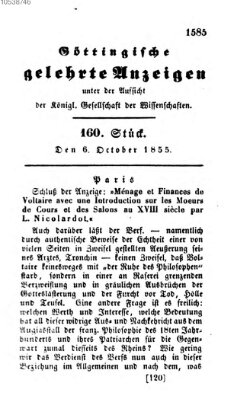 Göttingische gelehrte Anzeigen (Göttingische Zeitungen von gelehrten Sachen) Samstag 6. Oktober 1855