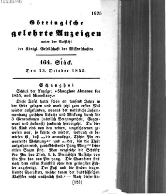 Göttingische gelehrte Anzeigen (Göttingische Zeitungen von gelehrten Sachen) Samstag 13. Oktober 1855