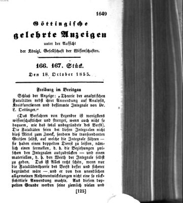 Göttingische gelehrte Anzeigen (Göttingische Zeitungen von gelehrten Sachen) Donnerstag 18. Oktober 1855