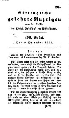 Göttingische gelehrte Anzeigen (Göttingische Zeitungen von gelehrten Sachen) Samstag 8. Dezember 1855