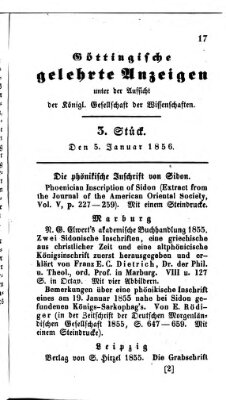 Göttingische gelehrte Anzeigen (Göttingische Zeitungen von gelehrten Sachen) Samstag 5. Januar 1856