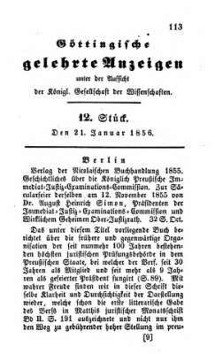 Göttingische gelehrte Anzeigen (Göttingische Zeitungen von gelehrten Sachen) Montag 21. Januar 1856