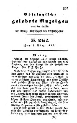 Göttingische gelehrte Anzeigen (Göttingische Zeitungen von gelehrten Sachen) Samstag 1. März 1856