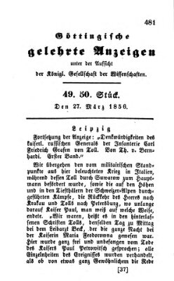 Göttingische gelehrte Anzeigen (Göttingische Zeitungen von gelehrten Sachen) Donnerstag 27. März 1856