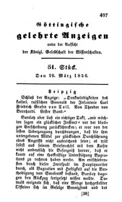 Göttingische gelehrte Anzeigen (Göttingische Zeitungen von gelehrten Sachen) Samstag 29. März 1856