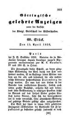 Göttingische gelehrte Anzeigen (Göttingische Zeitungen von gelehrten Sachen) Dienstag 15. April 1856