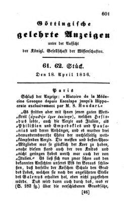 Göttingische gelehrte Anzeigen (Göttingische Zeitungen von gelehrten Sachen) Freitag 18. April 1856