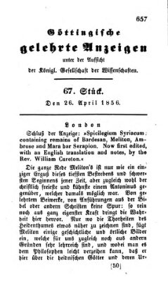 Göttingische gelehrte Anzeigen (Göttingische Zeitungen von gelehrten Sachen) Samstag 26. April 1856