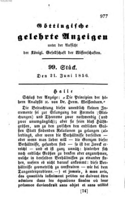 Göttingische gelehrte Anzeigen (Göttingische Zeitungen von gelehrten Sachen) Samstag 21. Juni 1856