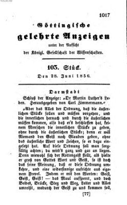 Göttingische gelehrte Anzeigen (Göttingische Zeitungen von gelehrten Sachen) Samstag 28. Juni 1856