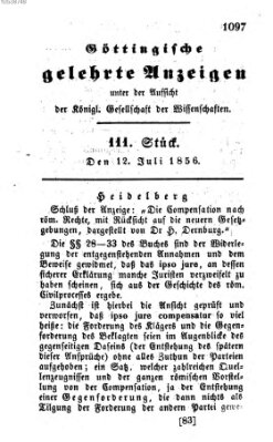 Göttingische gelehrte Anzeigen (Göttingische Zeitungen von gelehrten Sachen) Samstag 12. Juli 1856