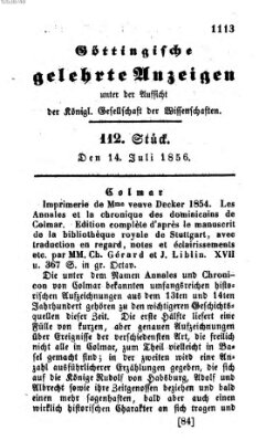 Göttingische gelehrte Anzeigen (Göttingische Zeitungen von gelehrten Sachen) Montag 14. Juli 1856