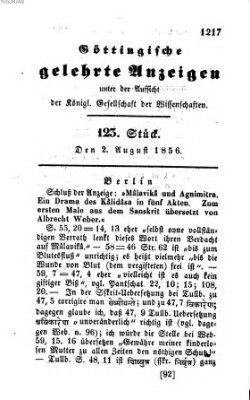 Göttingische gelehrte Anzeigen (Göttingische Zeitungen von gelehrten Sachen) Samstag 2. August 1856