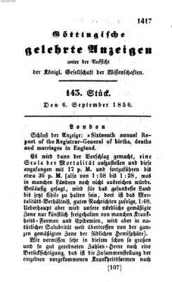 Göttingische gelehrte Anzeigen (Göttingische Zeitungen von gelehrten Sachen) Samstag 6. September 1856