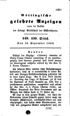 Göttingische gelehrte Anzeigen (Göttingische Zeitungen von gelehrten Sachen) Donnerstag 18. September 1856