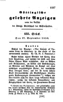 Göttingische gelehrte Anzeigen (Göttingische Zeitungen von gelehrten Sachen) Samstag 27. September 1856