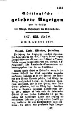 Göttingische gelehrte Anzeigen (Göttingische Zeitungen von gelehrten Sachen) Donnerstag 2. Oktober 1856