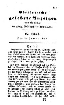 Göttingische gelehrte Anzeigen (Göttingische Zeitungen von gelehrten Sachen) Montag 19. Januar 1857