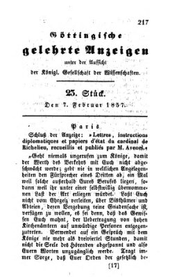 Göttingische gelehrte Anzeigen (Göttingische Zeitungen von gelehrten Sachen) Samstag 7. Februar 1857