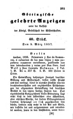 Göttingische gelehrte Anzeigen (Göttingische Zeitungen von gelehrten Sachen) Montag 9. März 1857