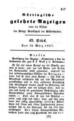 Göttingische gelehrte Anzeigen (Göttingische Zeitungen von gelehrten Sachen) Samstag 14. März 1857