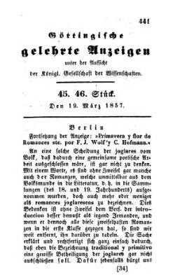 Göttingische gelehrte Anzeigen (Göttingische Zeitungen von gelehrten Sachen) Donnerstag 19. März 1857