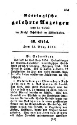 Göttingische gelehrte Anzeigen (Göttingische Zeitungen von gelehrten Sachen) Montag 23. März 1857