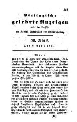 Göttingische gelehrte Anzeigen (Göttingische Zeitungen von gelehrten Sachen) Montag 6. April 1857