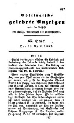 Göttingische gelehrte Anzeigen (Göttingische Zeitungen von gelehrten Sachen) Samstag 18. April 1857