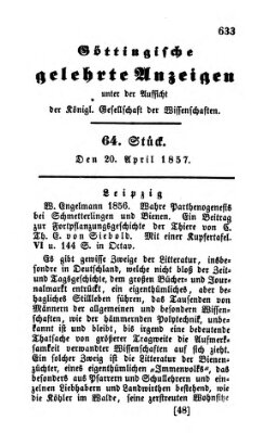 Göttingische gelehrte Anzeigen (Göttingische Zeitungen von gelehrten Sachen) Montag 20. April 1857