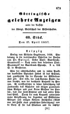 Göttingische gelehrte Anzeigen (Göttingische Zeitungen von gelehrten Sachen) Montag 27. April 1857