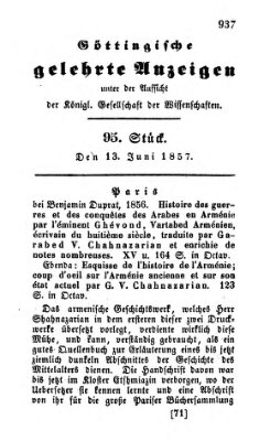 Göttingische gelehrte Anzeigen (Göttingische Zeitungen von gelehrten Sachen) Samstag 13. Juni 1857