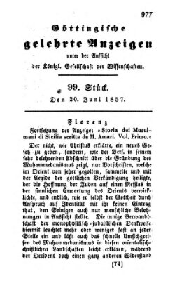 Göttingische gelehrte Anzeigen (Göttingische Zeitungen von gelehrten Sachen) Samstag 20. Juni 1857