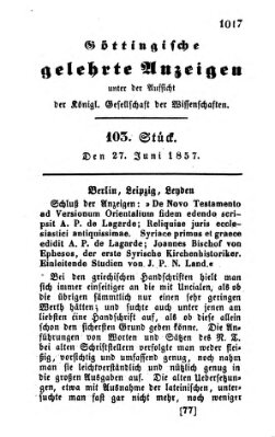 Göttingische gelehrte Anzeigen (Göttingische Zeitungen von gelehrten Sachen) Samstag 27. Juni 1857